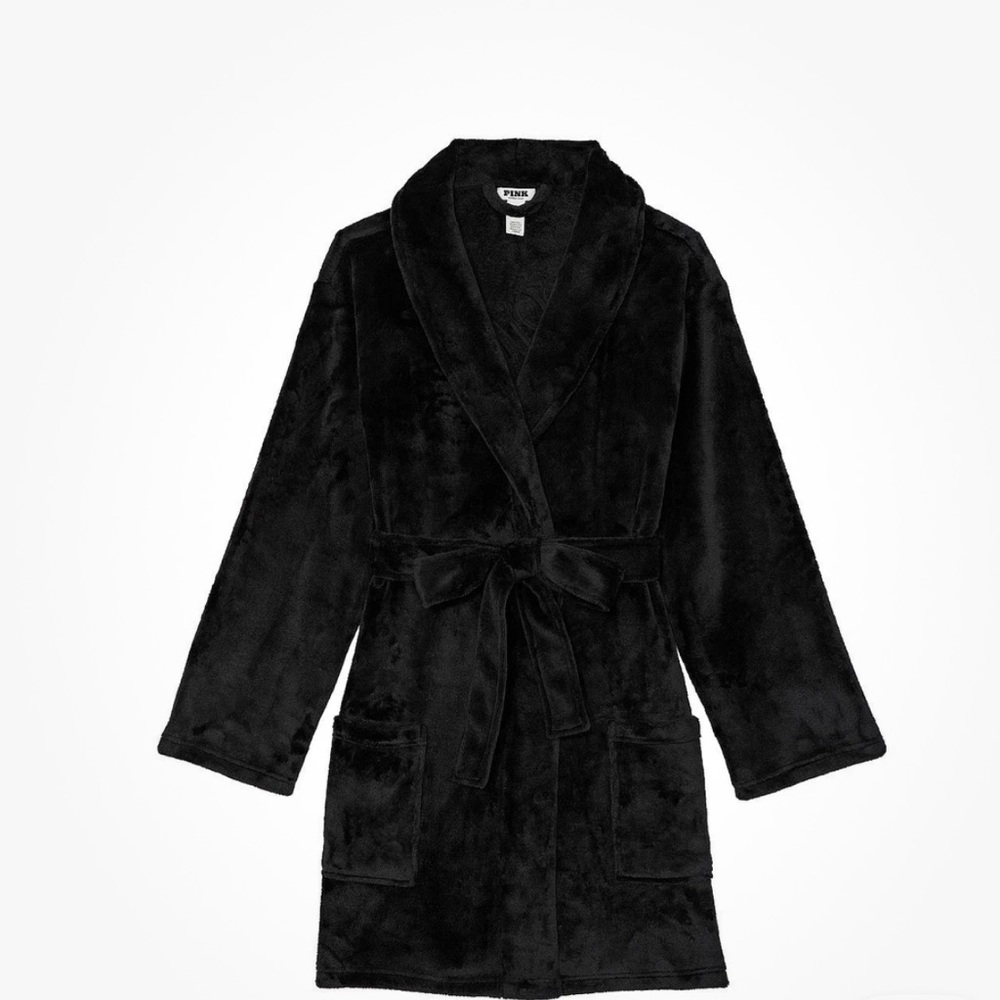 New Victoria's Secret PINK Robe Plush Black Logo NWT Great for college dorm - Picture 3 of 8